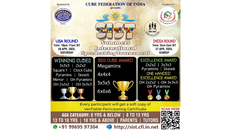 Cube Federation of India and Mindgamez Announce 18th Online Rubik's SpeedCubing Tournament 2025