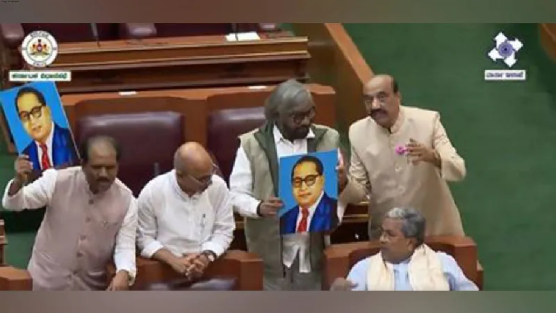 Congress MLAs stage protest at Karnataka Assembly to condemn Home Minister Amit Shah's remarks