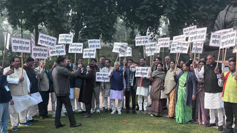 NDA MPs protest against Congress for disrespecting Dr Ambedkar