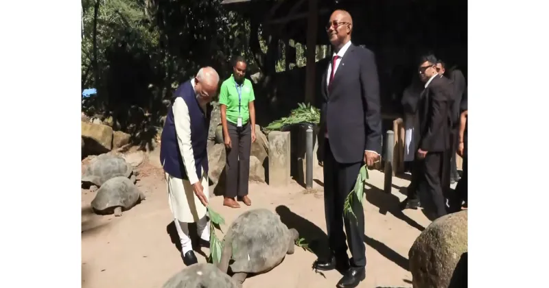 PM Modi feeds world's oldest living land animal 'Jonathan' during Seychelles visit