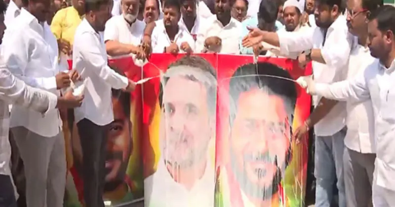 Hyderabad Congress workers celebrate; pour milk over Rahul Gandhi, CM Revanth Reddy's posters after Centre's decision on caste census