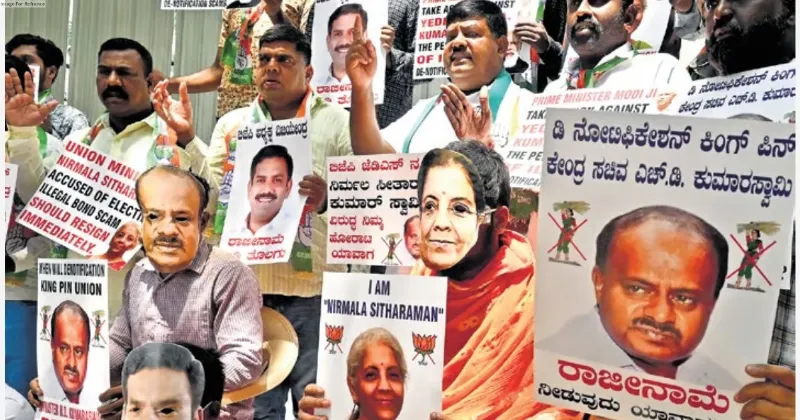 Youth Congress workers hold protest against Union FM Nirmala Sitharaman over 'electoral bond scam'