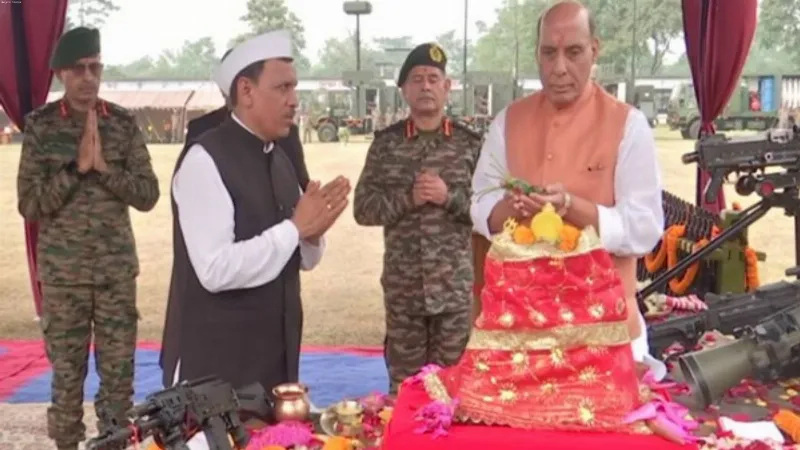 Defence Minister Rajnath Singh performs Shashtra Puja at Sukhana Cantonment on Vijaya Dashmi