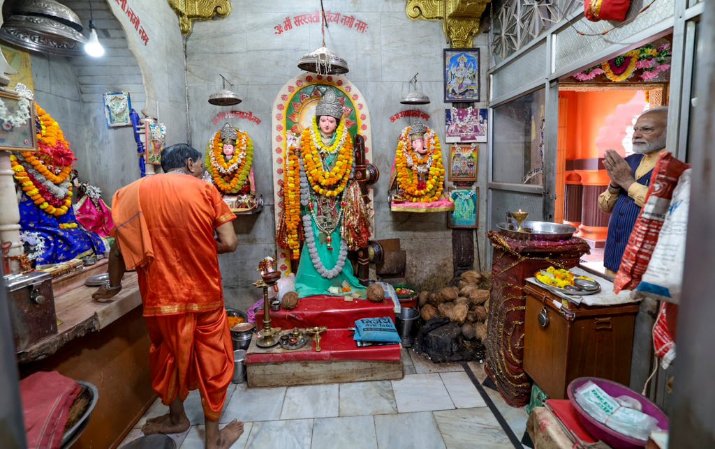 Prime Minister Narendra Modi offers prayers to Maa Danteshwari, in Bastar on Tuesday.