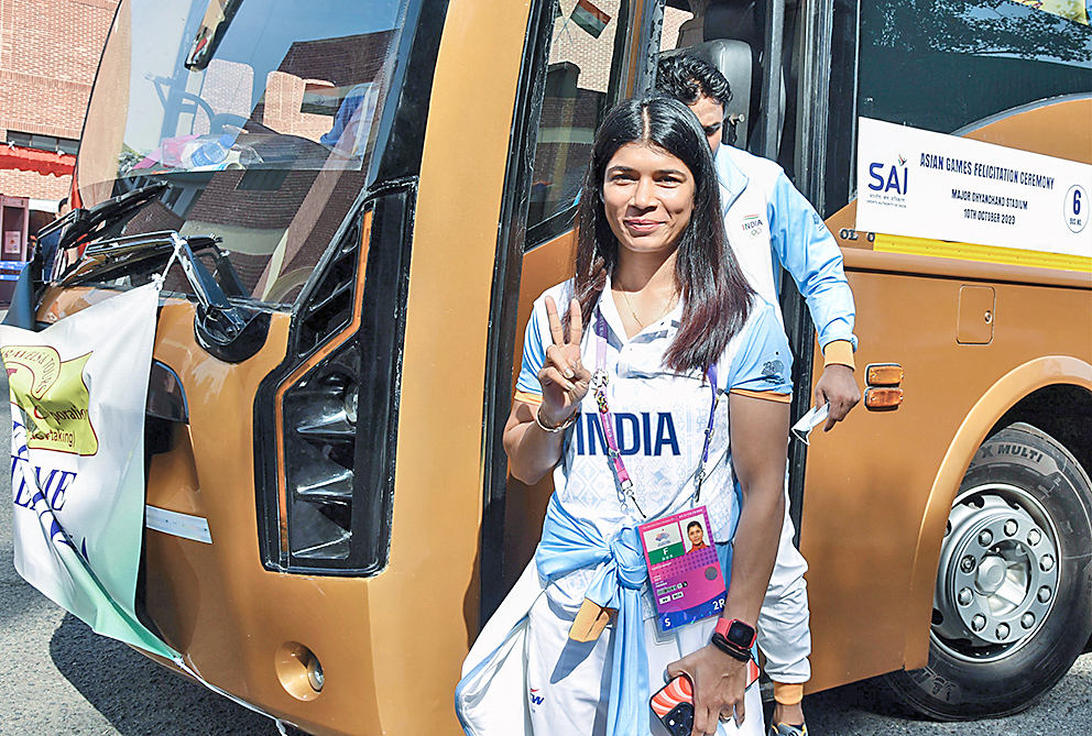 Indian boxer Nikhat Zareen arrives to attend the interactive session.