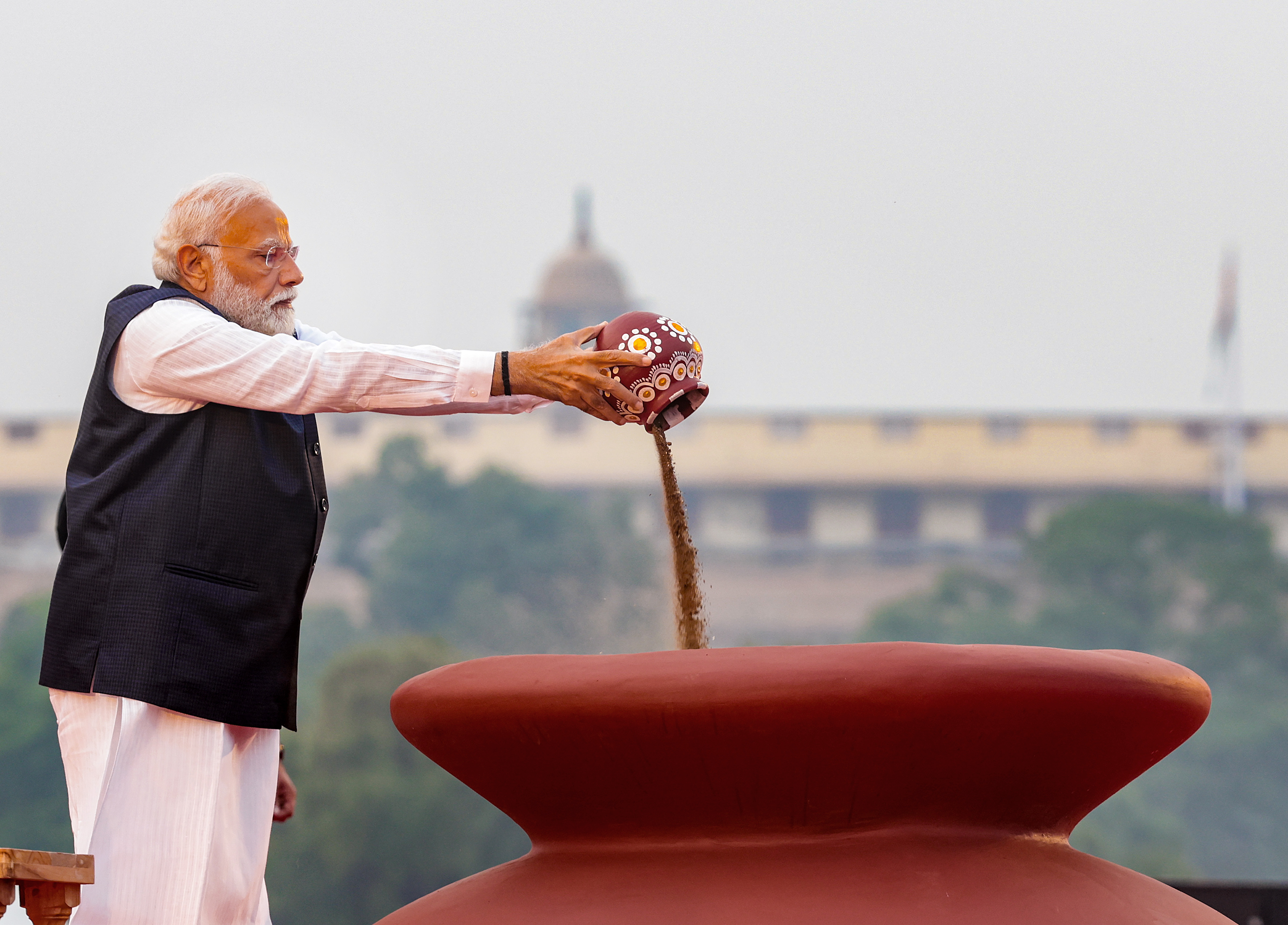 Prime Minister Narendra Modi during an event marking the culmination of the 'Meri Maati Mera Desh' campaign, in New Delhi, on Tuesday. -PTI