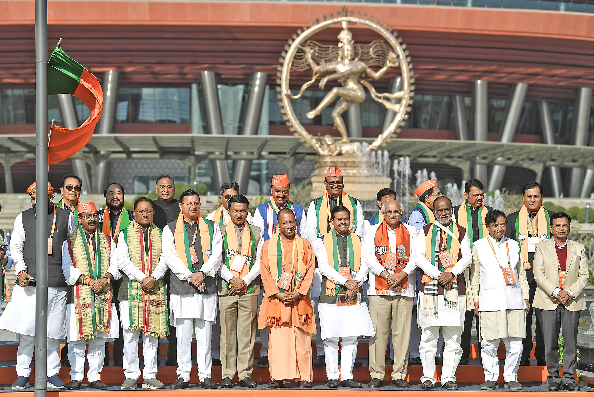 Yogi Adityanath, Pushkar Singh Dhami, Bhupendra Patel, Pramod Sawant, Vishnu Deo Sai and others during flag hoisting.