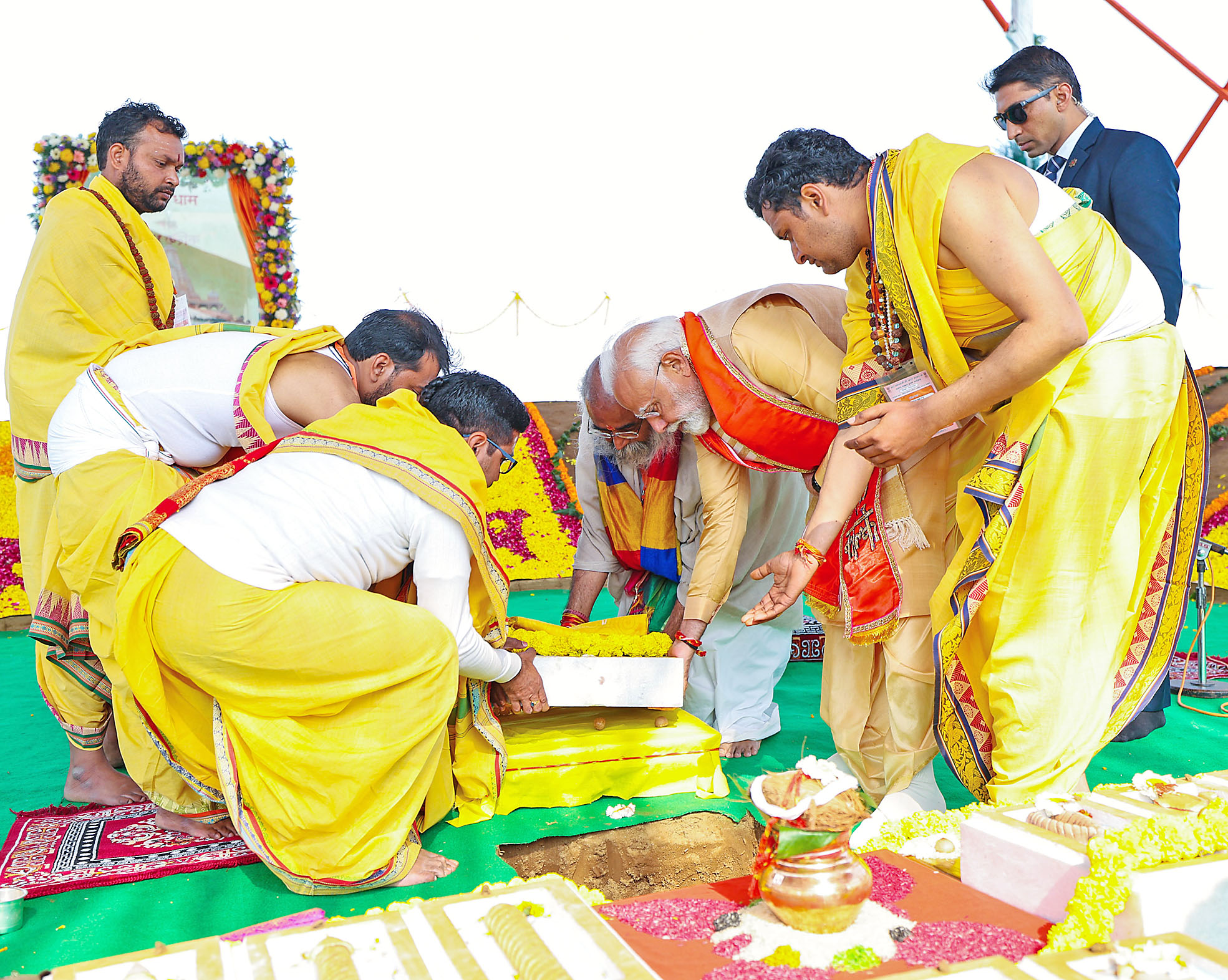 PM Modi performs pooja during the foundation stone-laying ceremony of Shri Kalki Dham.