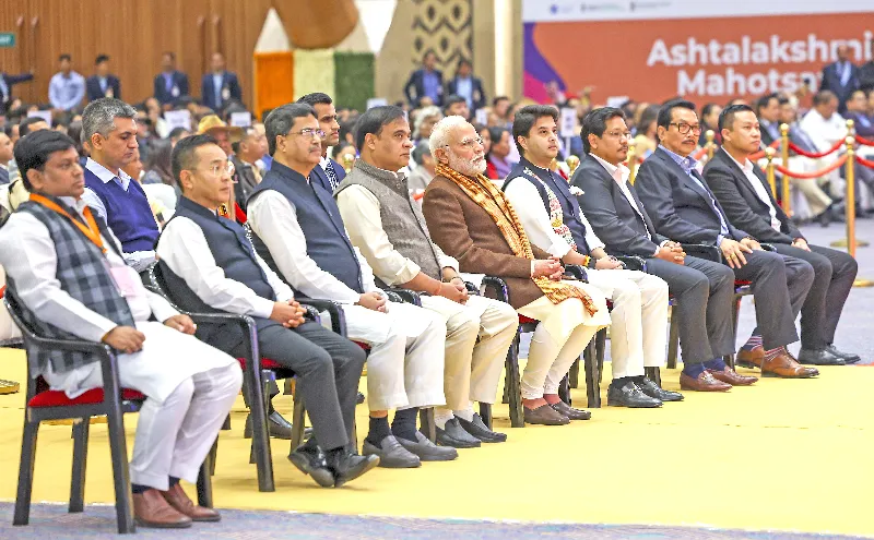 PM Modi, Jyotiraditya Scindia, Himanta Biswa Sarma, Dr Manik Saha, Prem Singh Tamang, Sukanta Majumdar, Conrad Sangma and others during the event.