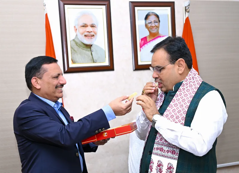 First India Group’s CEO and Managing Editor Pawan Arora offers sweets to CM Bhajan Lal Sharma during the unveiling of a special edition of Sach Bedhadak, a Hindi daily of the First India Group, on Sunday at the Chief Minister’s residence. The issue celebrates the first anniversary of the Bhajan Lal government and highlights Rajasthan’s progress under the theme Rising Rajasthan.