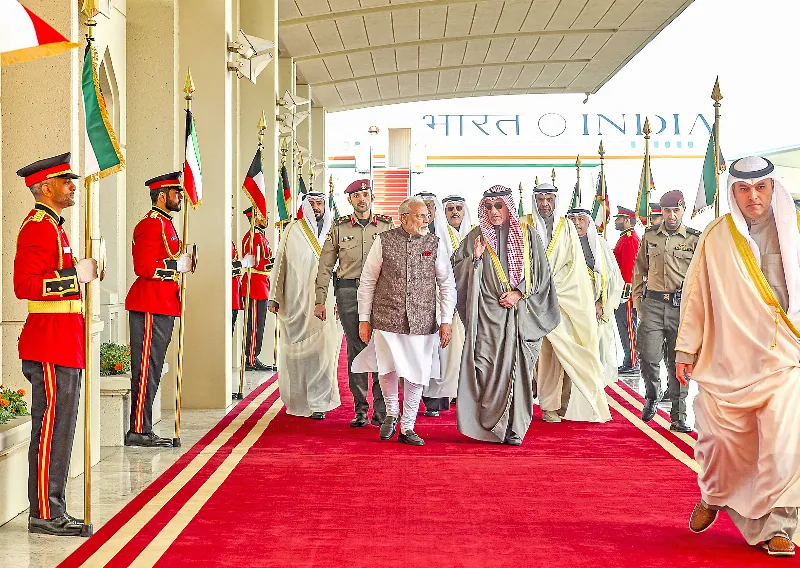 PM Narendra Modi being received by Deputy PM Kuwait Sheikh Fahad Yousef Saud Al-Sabah in Kuwait on Saturday.