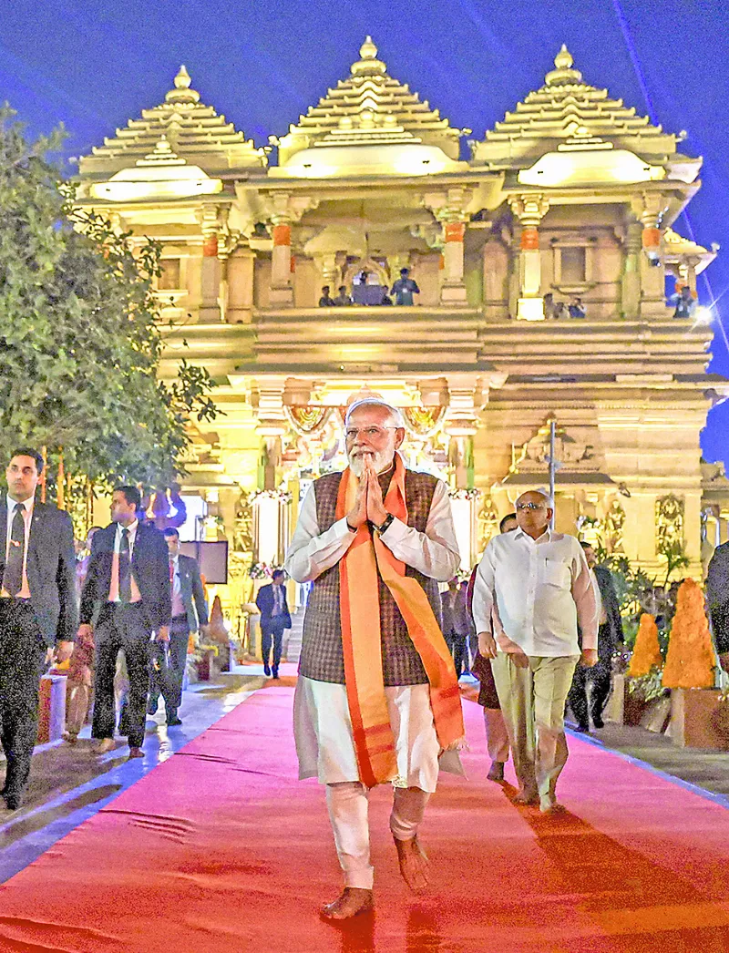 PM Narendra Modi arrives at Somnath Temple on Saturday.